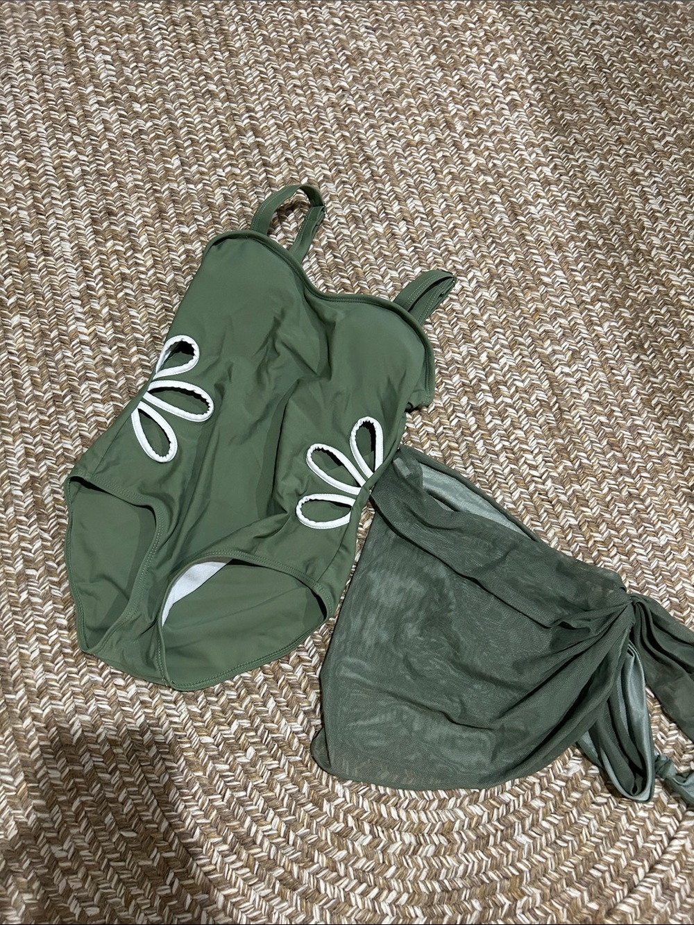 Olive Green One-Piece Swimsuit with Tie Skirt
